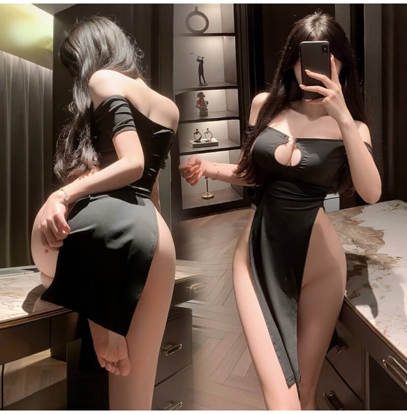 FEE ET MOI - Sexy Off-Shoulder Slit Nightdress (Black)